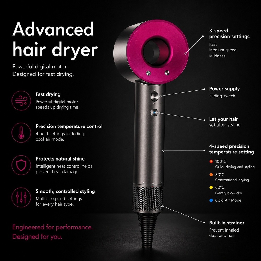 Advanced Hair Dryer Digital Motor Fast Drying Iron Fuchsia Professional Styling